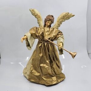 Vintage Angel Tree Topper Figurine Blue Cream Gold Wings Lute Floral Crown 10in